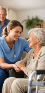 Pflegekraft betreut Seniorin zuhause nach der Reise durch einen Pflegedienst in Essen