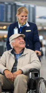 Senior am Flughafen mit Rollstuhl-Service – Unterstützung für Flugreisen im Alter