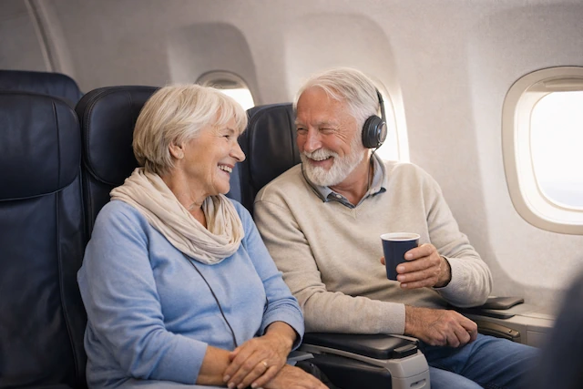 Senioren genießen eine entspannte Flugreise im Flugzeug während eines Langstreckenflugs